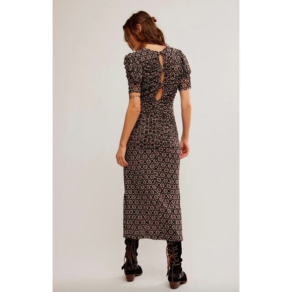 Free People Brielle Midi Dress Mesh Ruched Floral Side Slit Black Combo XS NWT - Picture 2 of 11